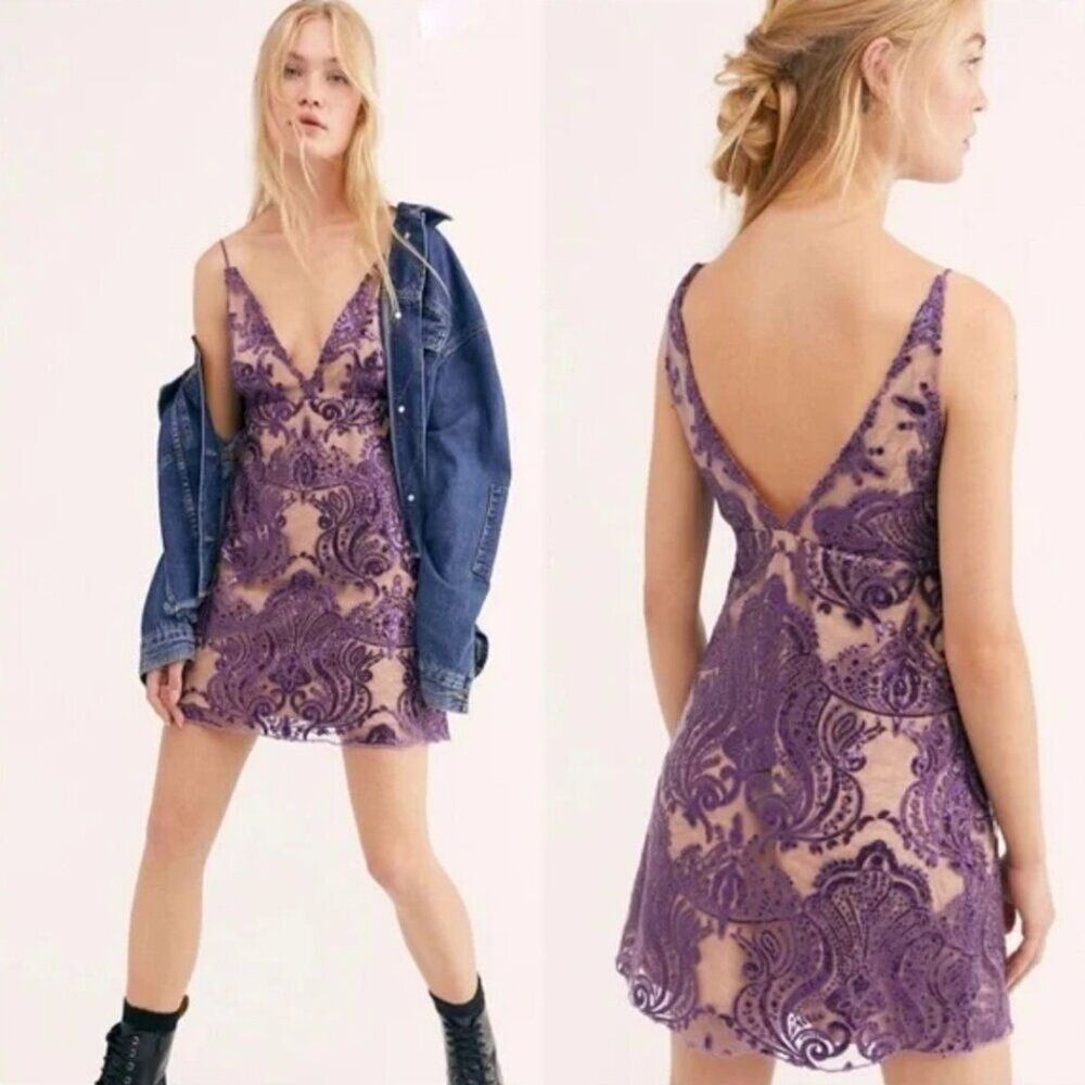 Free People Night Shimmers Mini Dress Purple Sequins Size 4